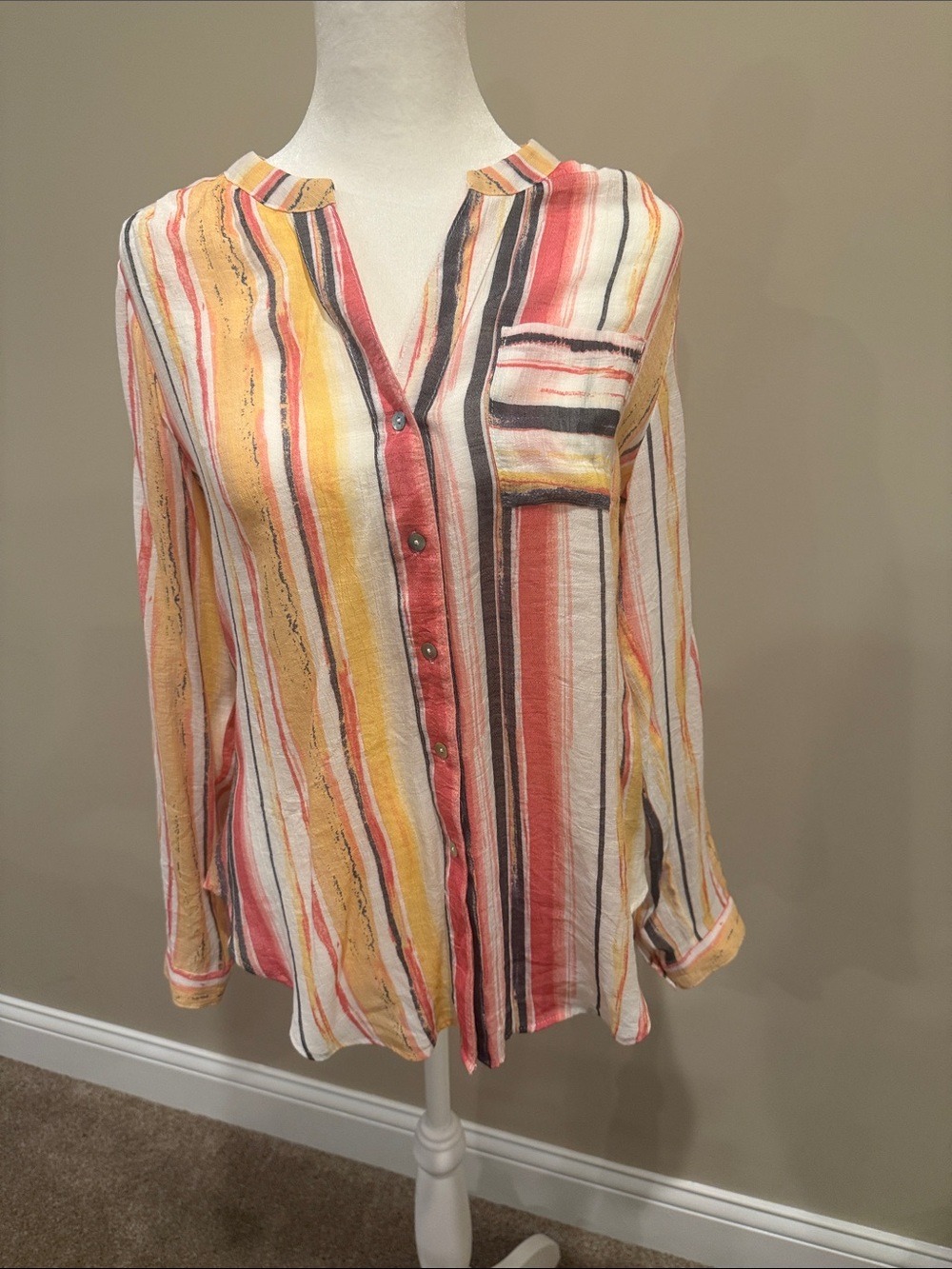 Zac & Rachel Striped Button-Down Blouse - Yellow, Coral, Cream